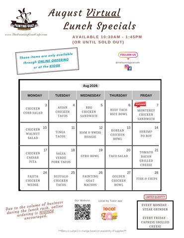 fainting goat, menu, cafe, burger, sandwich, food, goat, Nashville, specials, lunch, tacos, fast, go