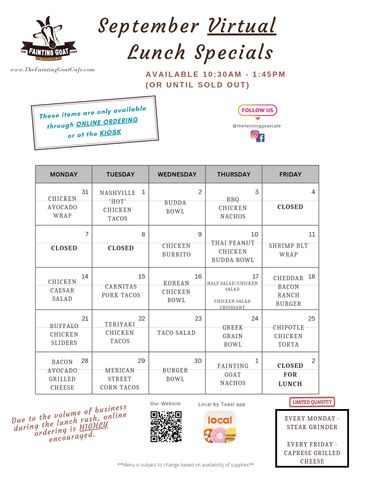 fainting goat, menu, cafe, burger, sandwich, food, goat, Nashville, specials, lunch, tacos, fast, go
