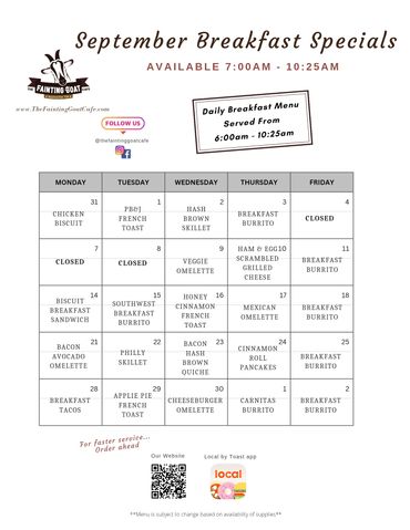 fainting goat, menu, cafe, breakfast, pancakes, sandwich, food, goat, Nashville, specials, fast, go