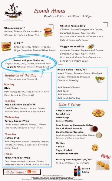 fainting goat, menu, cafe, burger, sandwich, food, goat, Nashville, specials, lunch, tacos, fast, go