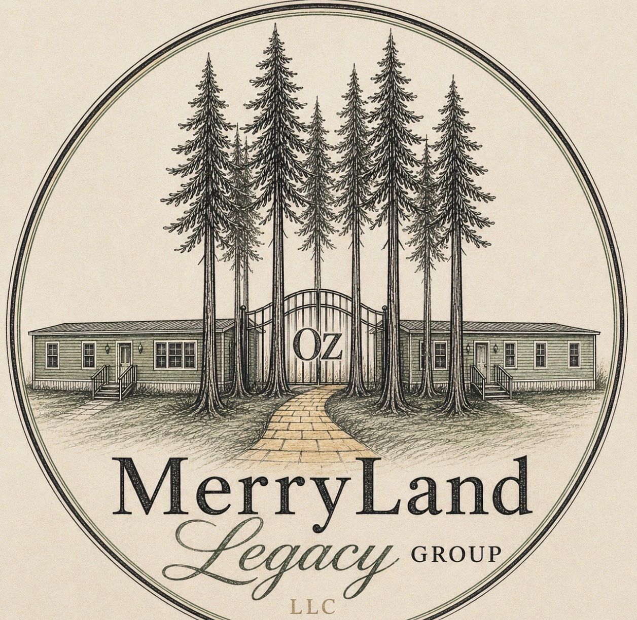 Logo of MerryLand Legacy Group featuring tall pine trees and a rustic building.