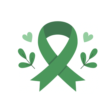 Green awareness ribbon with leaves and hearts.
