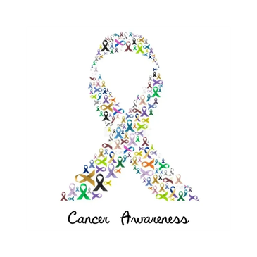 Colorful cancer awareness ribbons forming a large ribbon shape.