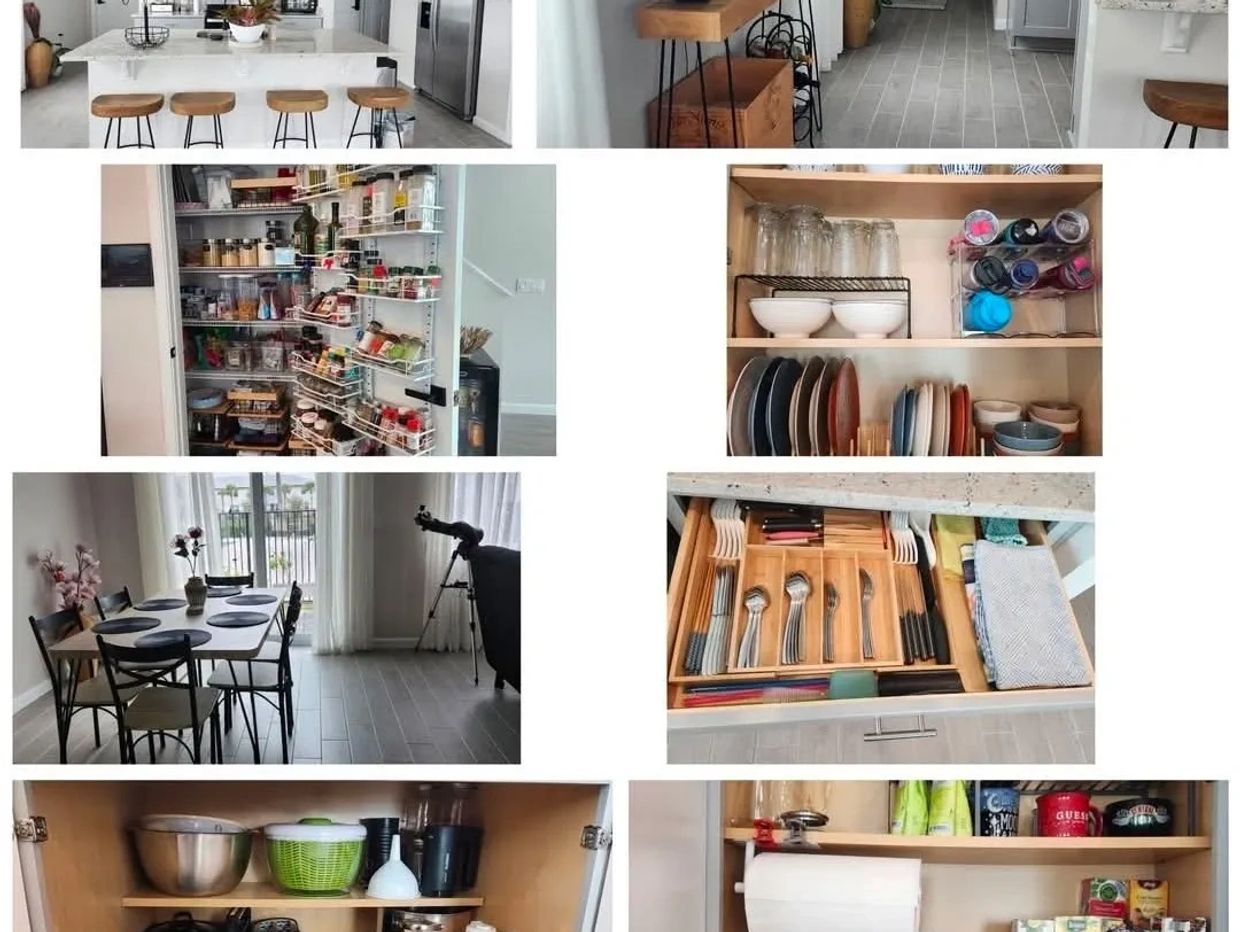 Collage of organized kitchen spaces including a pantry, cabinets, and a utensil drawer.