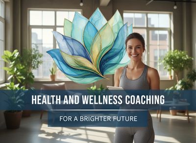 Smiling woman promoting health and wellness coaching in a bright, plant-filled room.