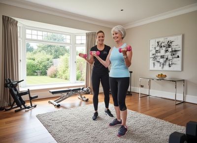 A senior woman exercising with dumbbells guided by a trainer in a bright home gym.