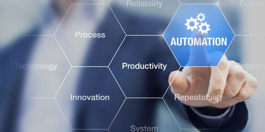 Suited businessman pushes automation tile next to productivity, process, innovation, technology