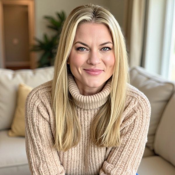 Smiling woman in a cozy beige sweater sitting on a couch indoors.