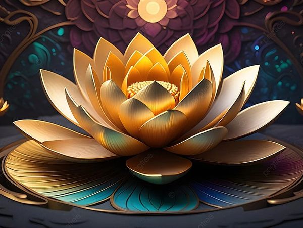 A glowing golden lotus flower with intricate petals on a decorative lotus pad.