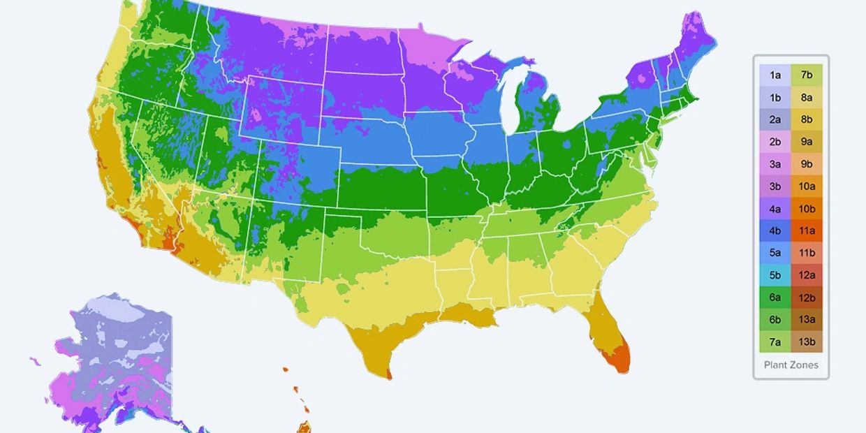 US map showing USDA plant hardiness zones by color.