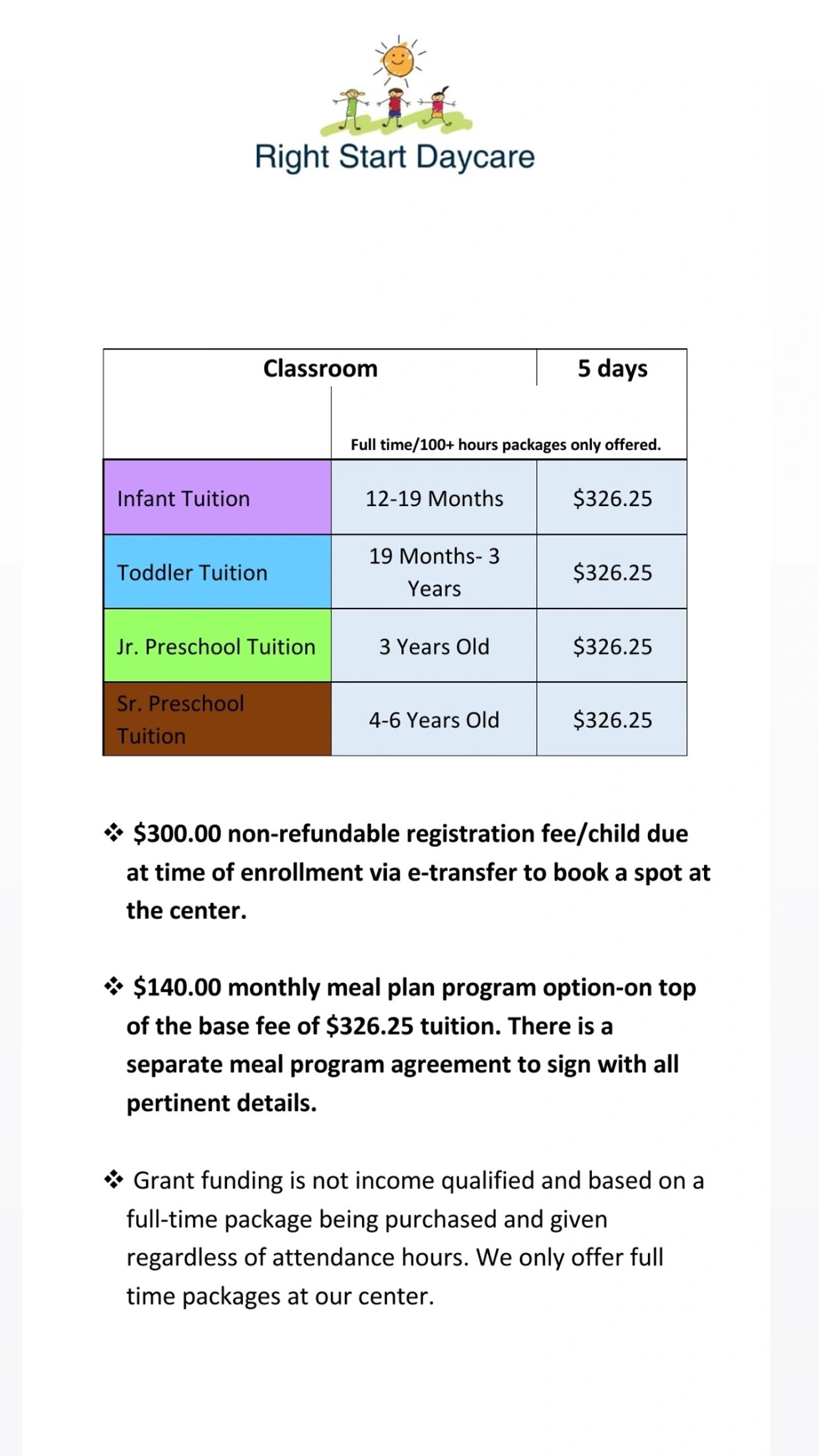 **EFFECTIVE APRIL 1st for new monthly tuition and meal plan fee.**