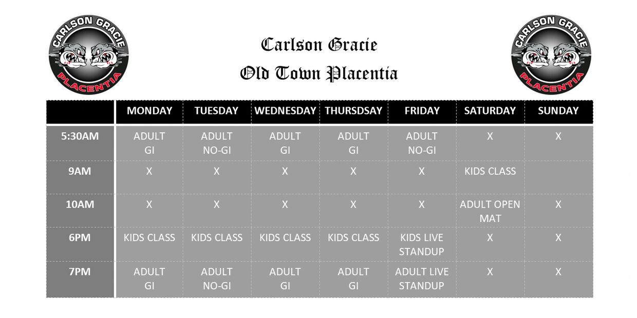 schedule for jiu jitsu training for carlson gracie placentia
