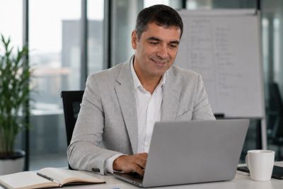 Man working on laptop in an office.