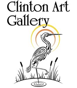 Clinton Art Gallery Logo of a shoreline loon standing in among willows with a halo of the sun