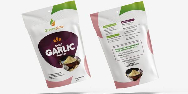Greens plate dried garlic powder is a concentrated spice made from dehydrated garlic cloves.