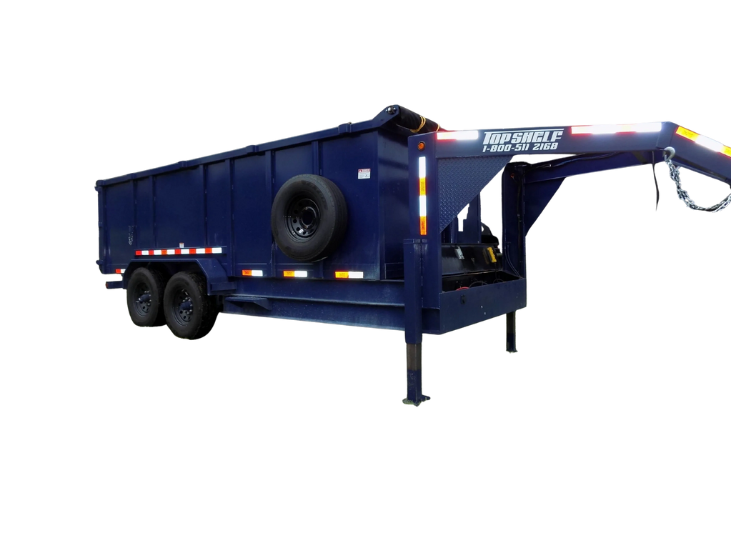 Gooseneck dump trailer. 4 foot walls. tandem 8,000 pound axles. hydraulic jacks. telescopic ram. new