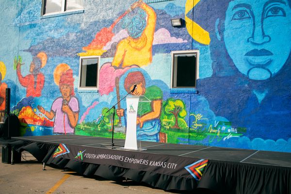 The stage and podium set up before the event starts