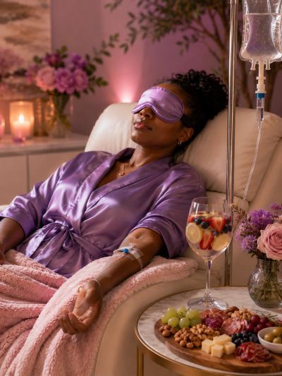 Woman relaxing during IV therapy in a cozy setting.