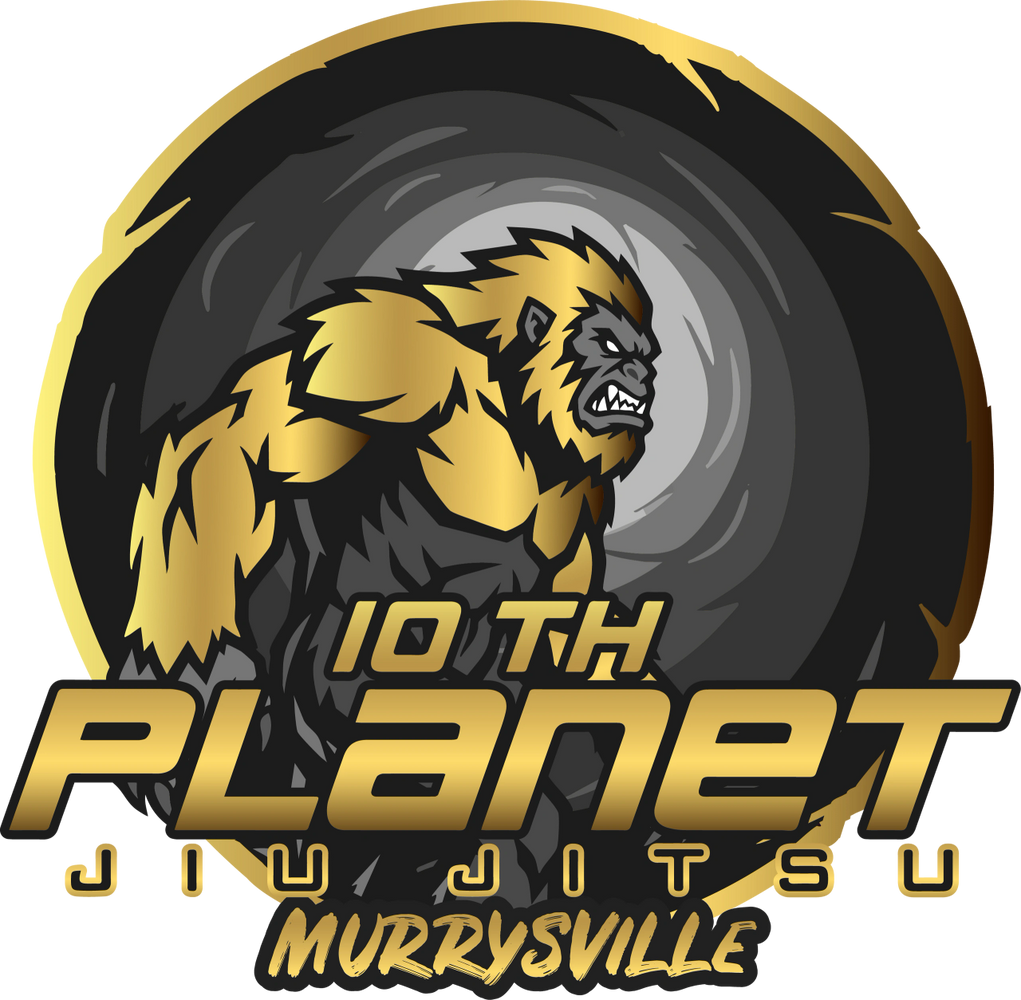 Logo of 10th Planet Jiu Jitsu Murrysville with a fierce gorilla and gold accents.