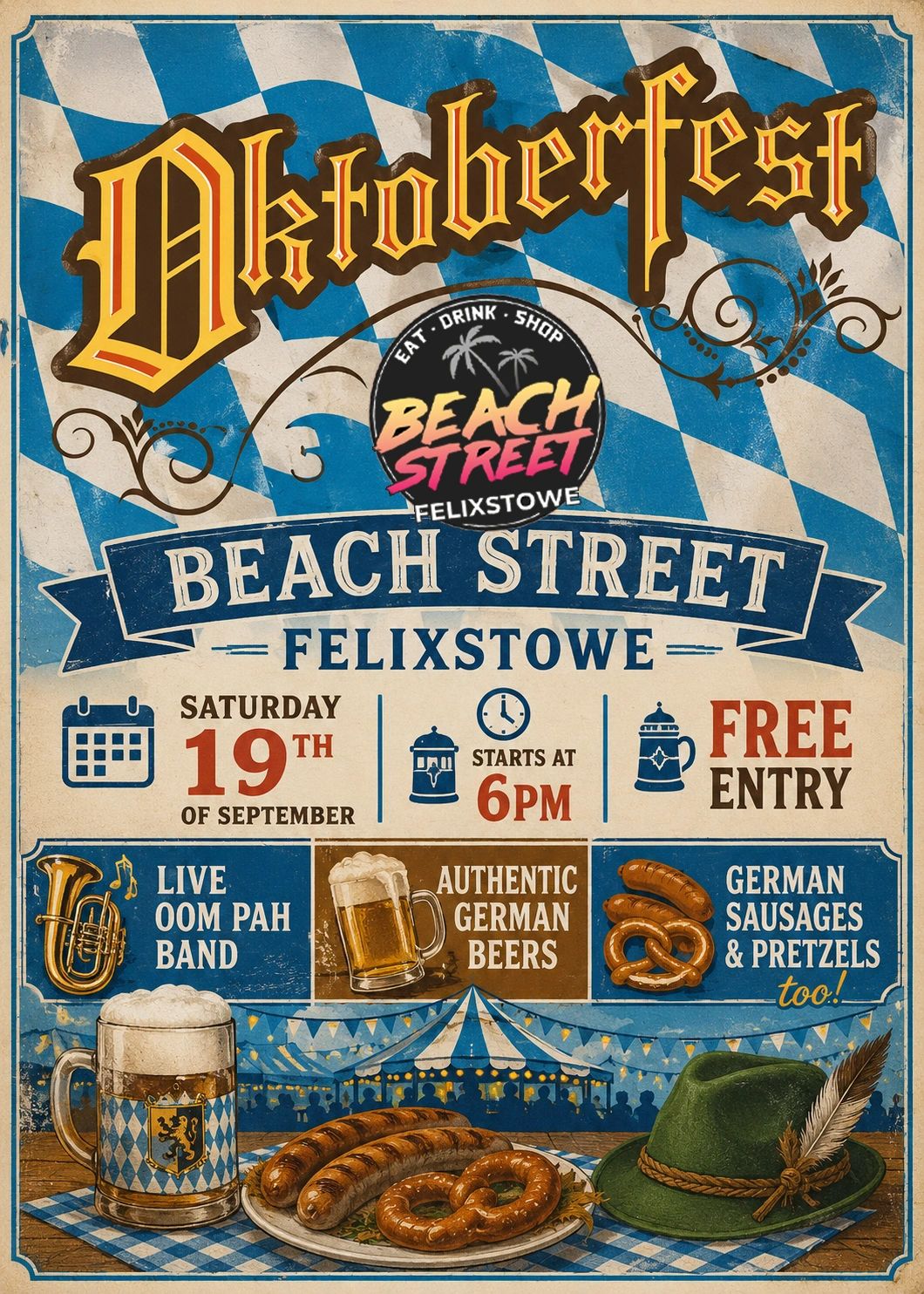 Oktoberfest event poster with food, drink, and music details.