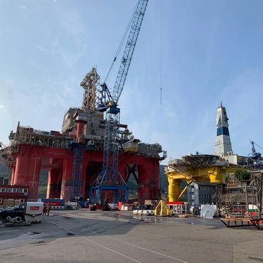 Semisubmersibles in a Norwegian shipyard.