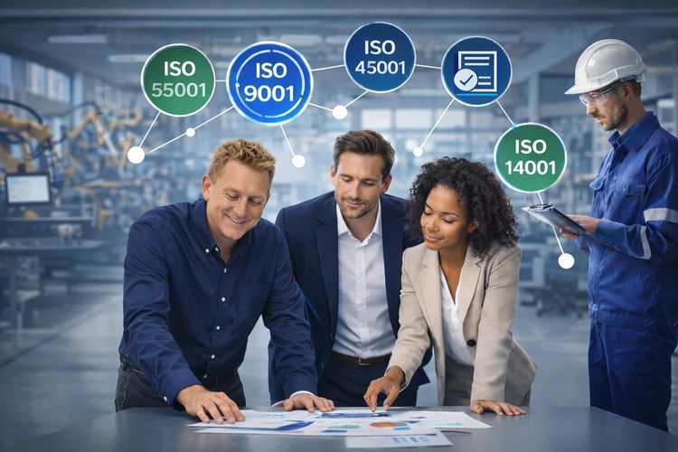 Team reviewing ISO standards in a modern industrial setting.
