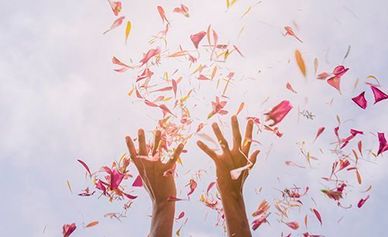 Et par hænder der smider blomster op i luften