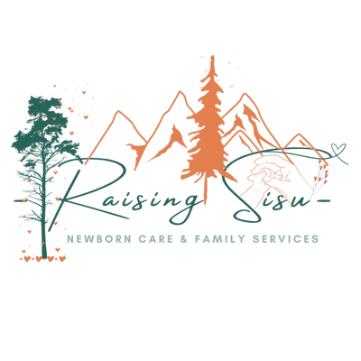 Logo with mountains, trees, and a baby for newborn care and family services.