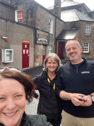 Anne Gigney with Annette and Ed from Glenmorangie Distillery, Inverness Scotland