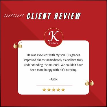 Client review praising Kit's tutoring and immediate grade improvement.