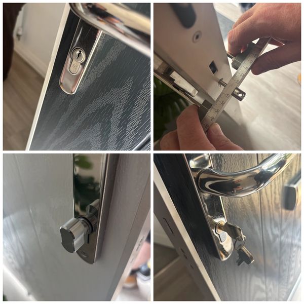Close-up images of a door lock, key, and measurement process.