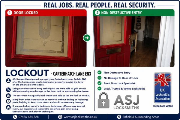 "Emergency locksmith in Enfield EN3 completing a non-destructive lockout after keys were left inside