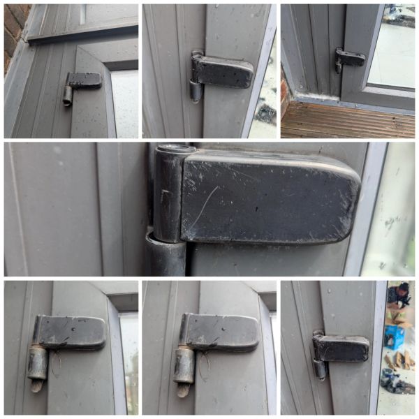 Close-up shots of a black door hinge on a gray door with raindrops.