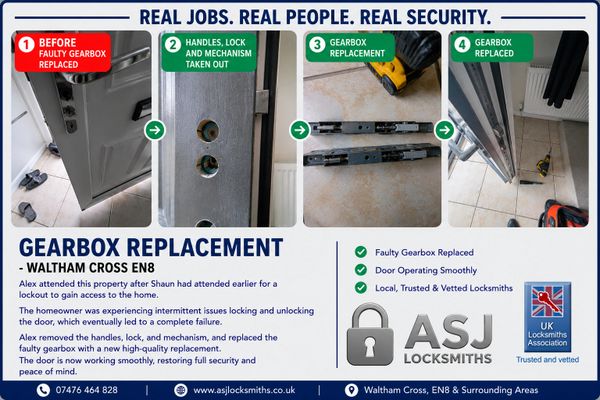 "Door gearbox replacement in Waltham Cross EN8 by ASJ Locksmiths. Faulty multipoint locking mechanis