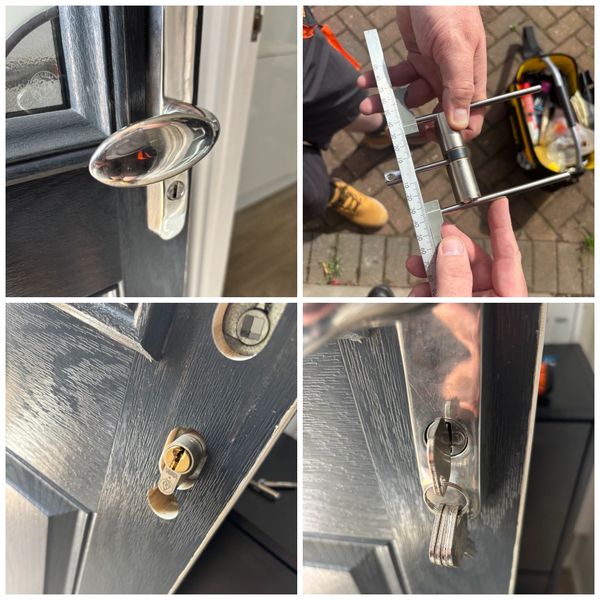 Close-up photos of a door lock installation and measurement process.
