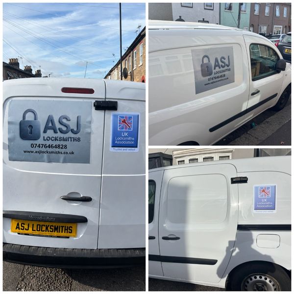 White locksmith van with ASJ Locksmiths branding and UK Locksmiths Association logo.