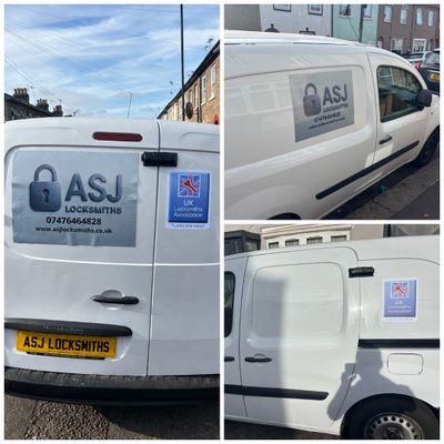 White ASJ Locksmiths van with UK Locksmiths Association stickers parked on a street.