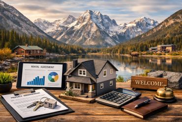 Real estate setup with a model house and property documents by a mountain lake.