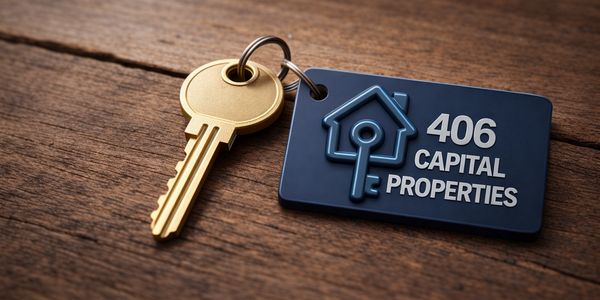 Golden key with a blue keychain labeled 406 Capital Properties on a wooden surface.