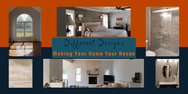 Collage showcasing home interior design by Different Designz with cozy rooms and modern touches.