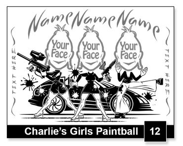 Charlie's Angels Paintball parody semi-custom caricature by Kenn White at executivecaricature.com