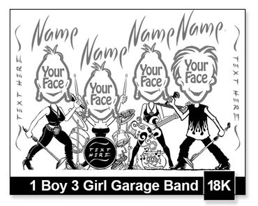 1 Boy 3 Girl Garage Band semi-custom caricature by Kenn White at executivecaricature.com