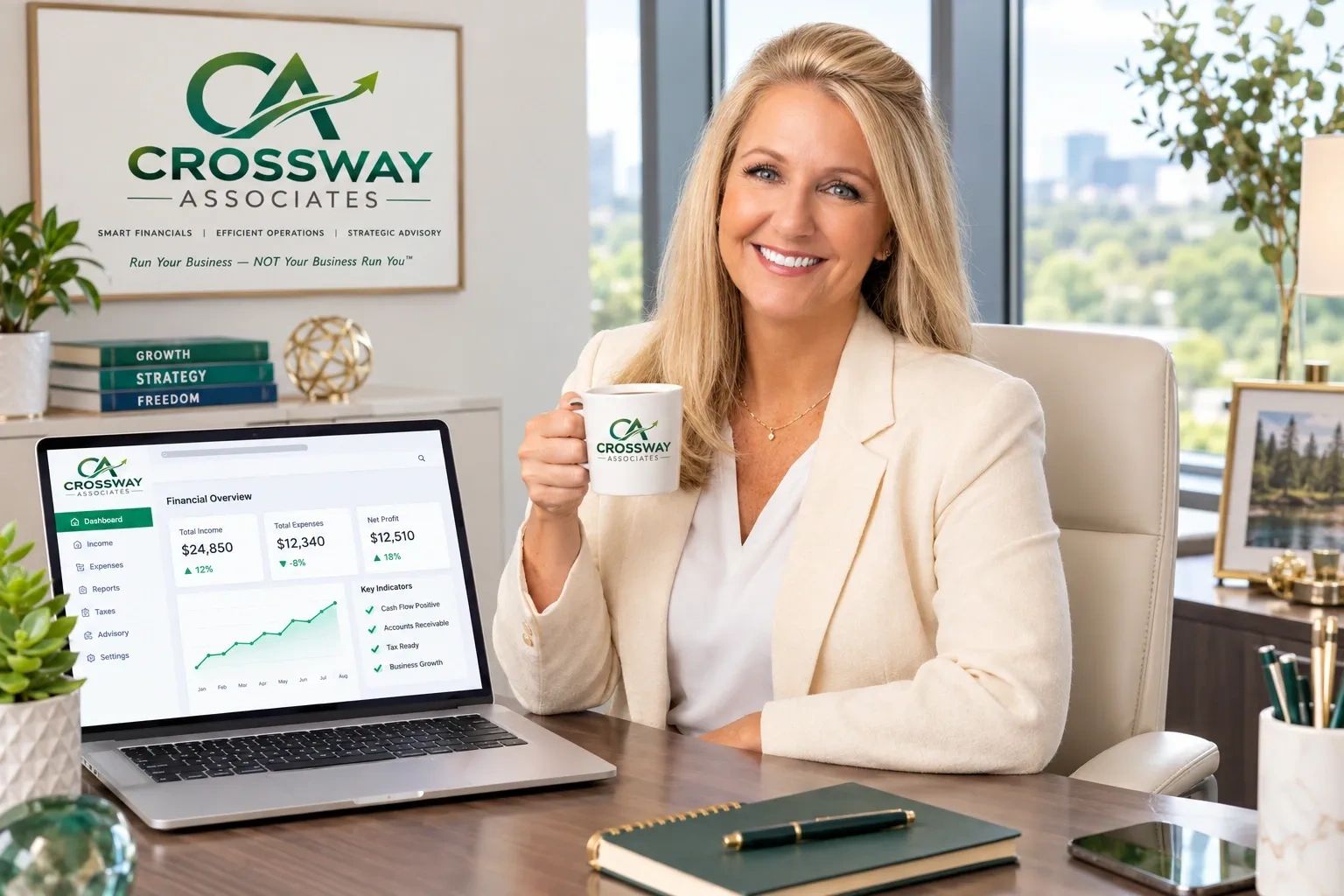 Businesswoman with Crossway Associates mug and laptop.