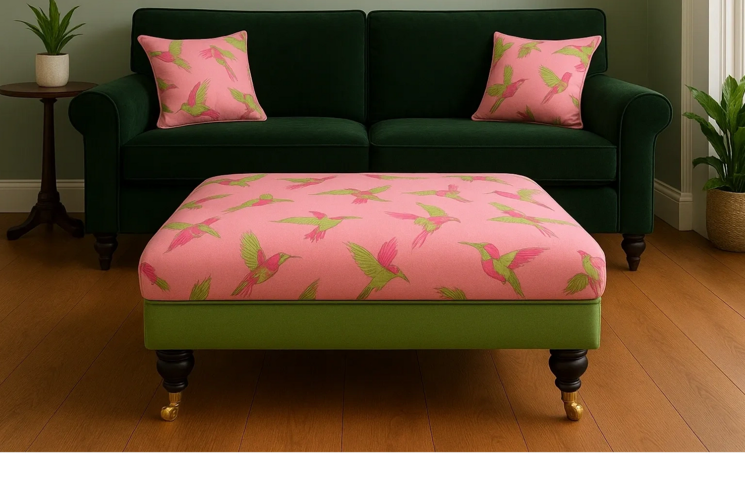 A green sofa with pink bird-patterned cushions and matching ottoman in a cozy living room.