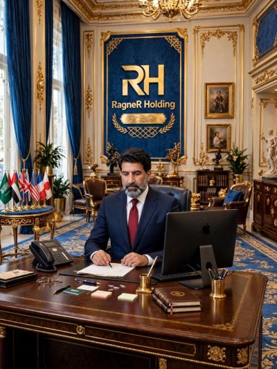 Man in formal suit working at an ornate office desk.