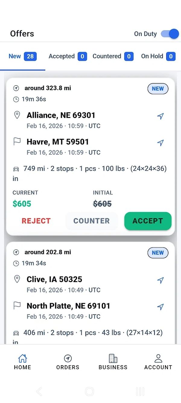 Screen showing new freight offers with details and options to accept, reject, or counter.