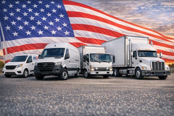 Various delivery trucks lined up with a large American flag in the background.