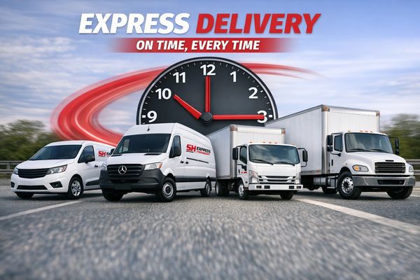 Fleet of delivery vehicles emphasizing fast, on-time service under a large clock.
