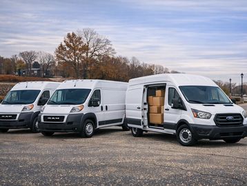 Three white cargo vans parked outdoors, one with open door showing boxes inside.