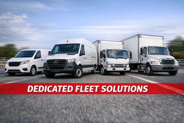Four commercial vehicles lined up with the text Dedicated Fleet Solutions.